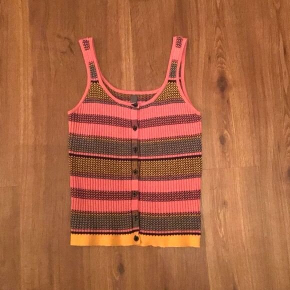ALYA Multicolor Knitted Striped Scoop Neck Full Button Front Tank Top - Picture 4 of 9